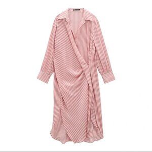 Zara Satin Striped Gathered Origami Long Sleeve Midi Shirt Dress Large